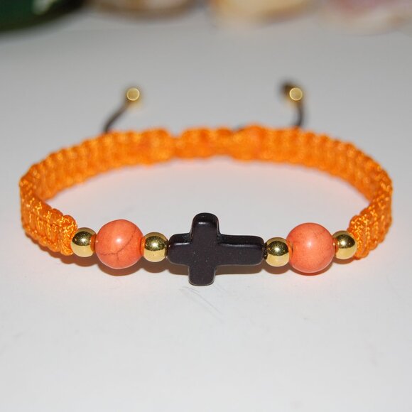 Cross Bracelet,Gemstone Beads,Braided Bracelet,Orange Bracelet - Picture 3 of 3